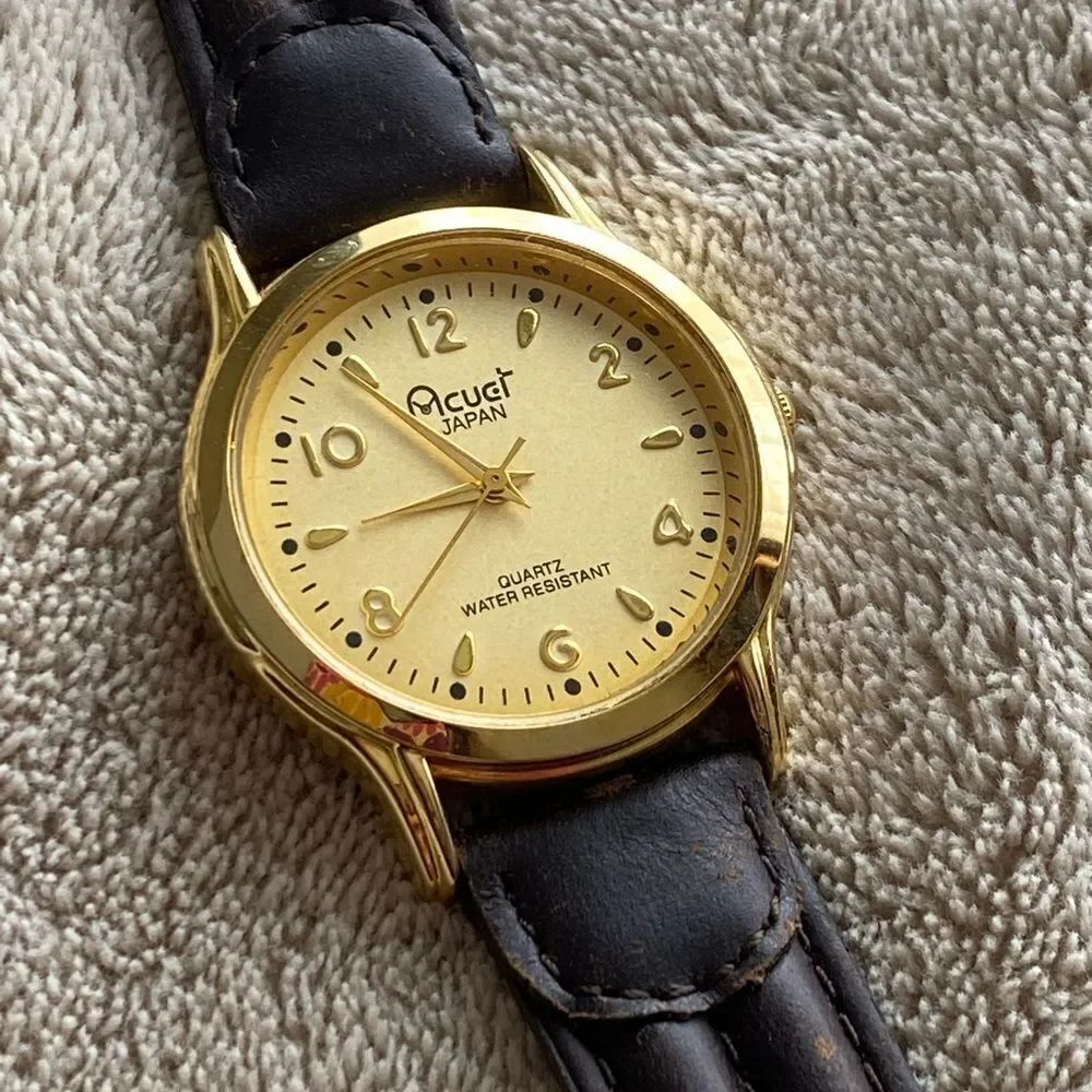 Acugi Japanese Gold Watch with Black Leather Strap